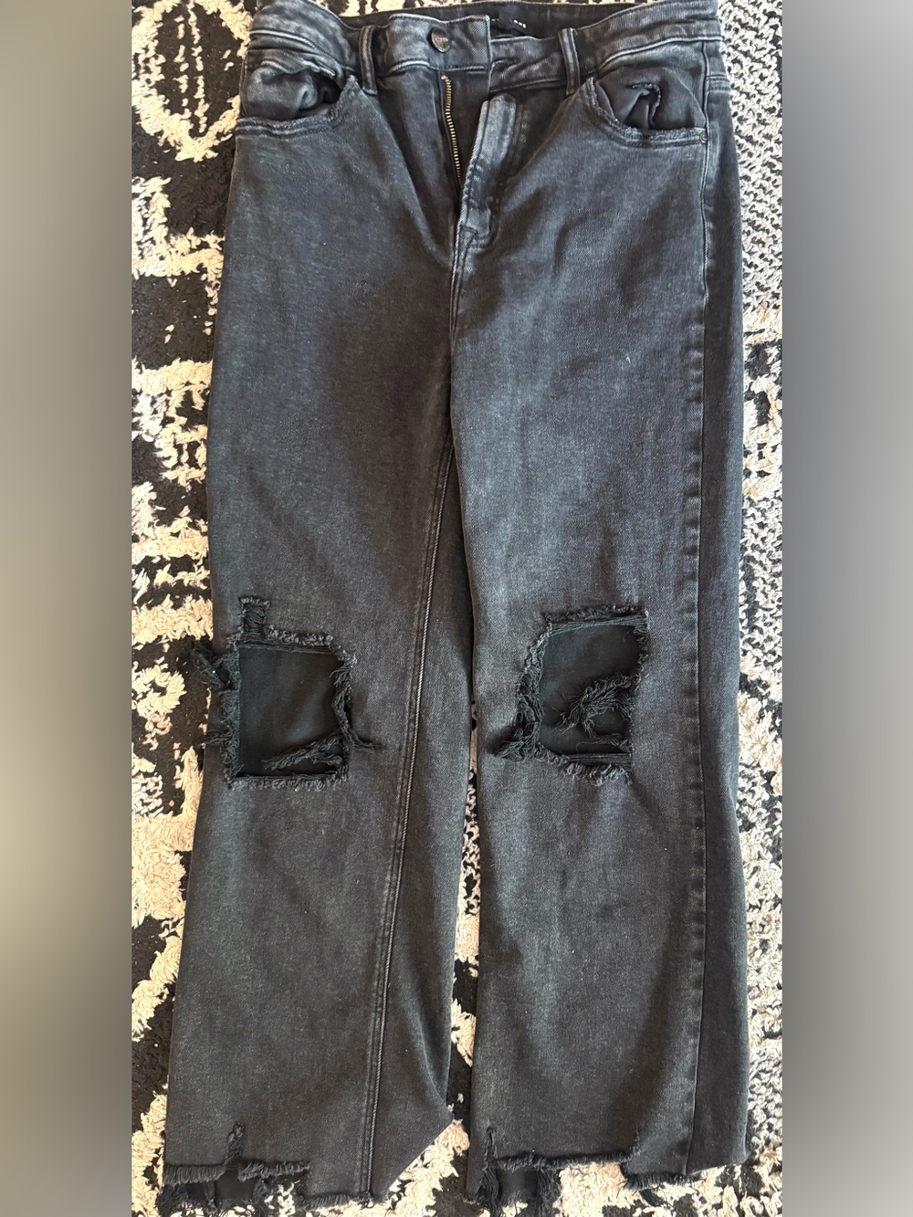 Women's Straight Leg Distressed Black Jeans with Knee Patches